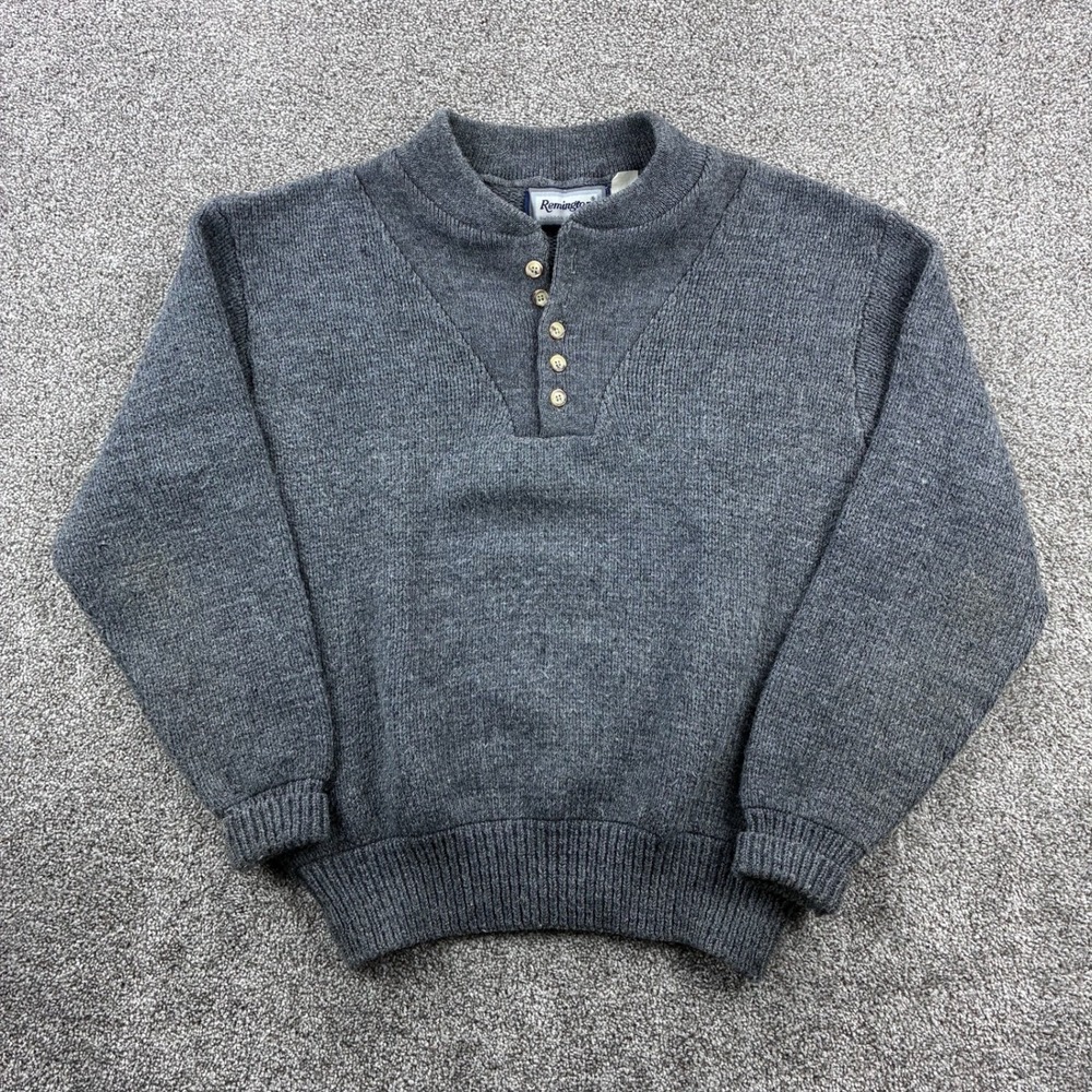 Vintage‎ Remington Wool Blend Sweater Mens Large Gray Henley Mock Neck Outdoor